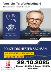 Seniorenkonzert des Polizeiorchesters: „HÖR‘ GENAU HIN! Telefonbetrug kann jeden treffen.“
