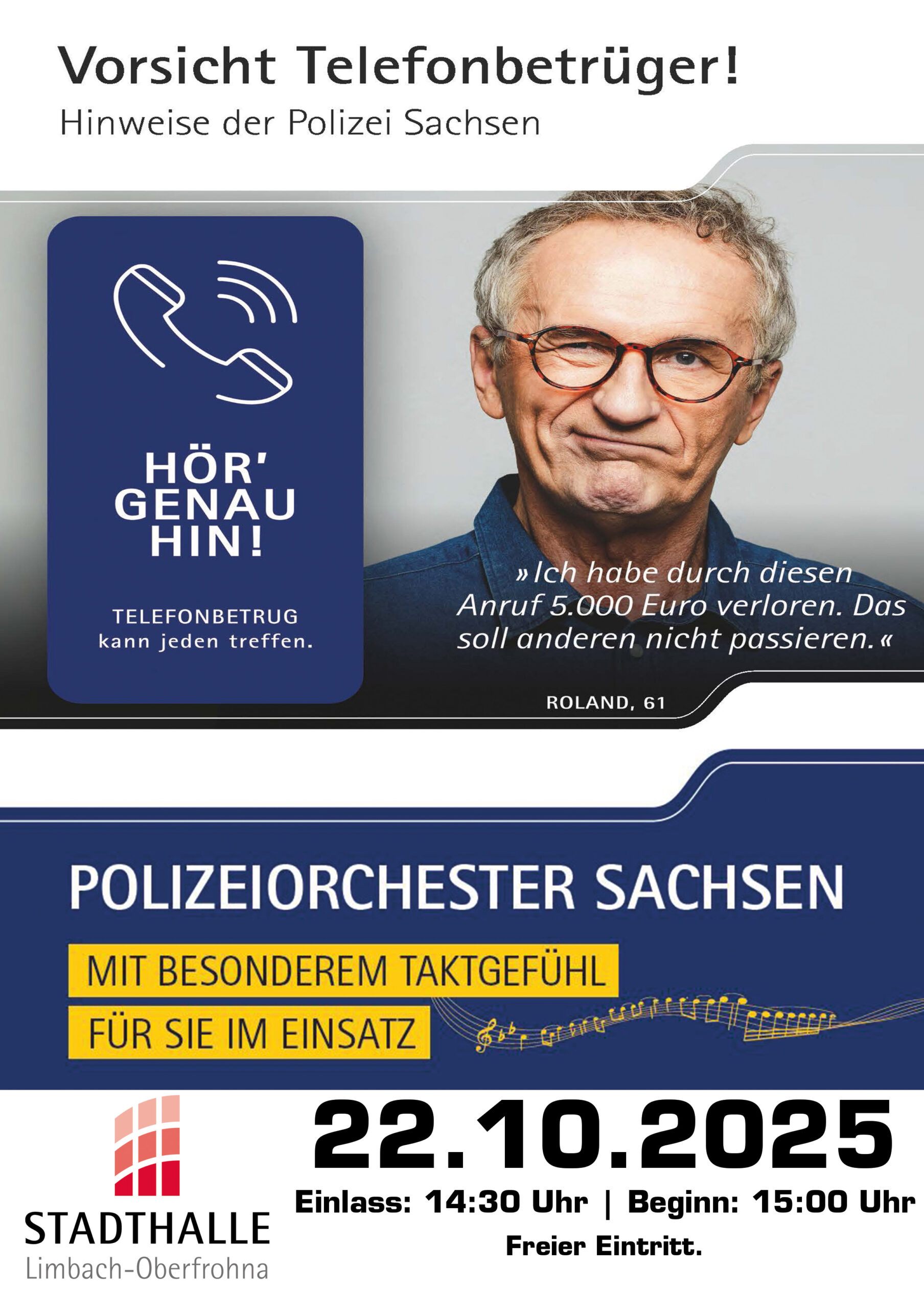 Seniorenkonzert des Polizeiorchesters: „HÖR‘ GENAU HIN! Telefonbetrug kann jeden treffen.“